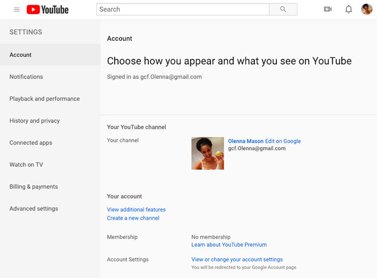 screenshot of the Account Settings page on YouTube