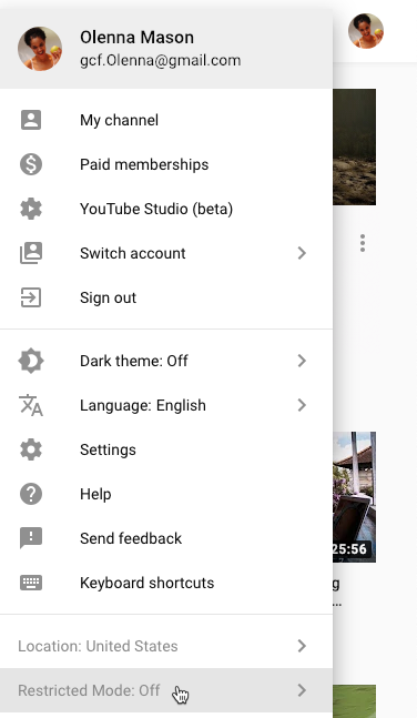 screenshot of how to access Restricted Mode on YouTube