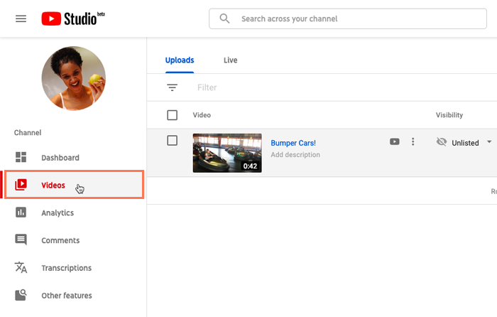 screenshot highlighting the Videos tab in the YouTube Studio