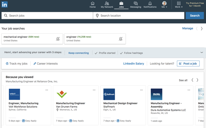 A screenshot of the LinkedIn Jobs page