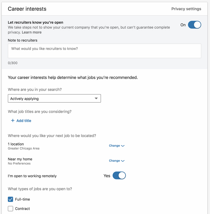 A screenshot of the LinkedIn Career Interests page
