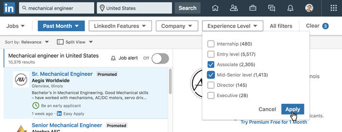 A screenshot of the LinkedIn job search filters