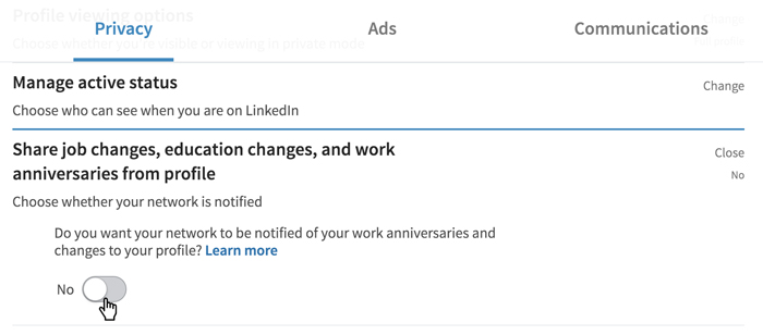 A screenshot of a LinkedIn Privacy option