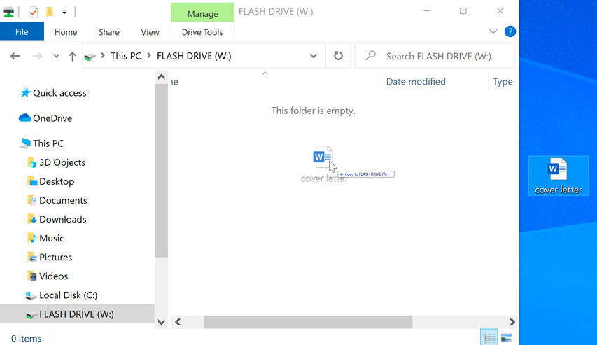 moving the file from the computer to the flash drive window