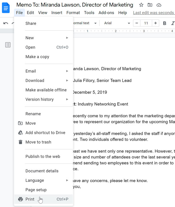 Google Docs file menu