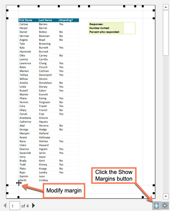 show margins button in Microsoft Excel Print Preview