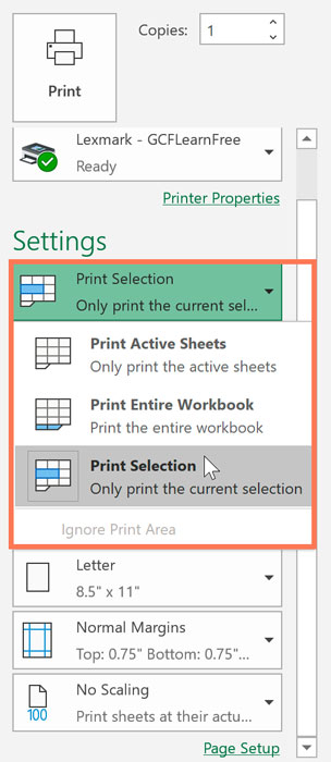 excel print selection page