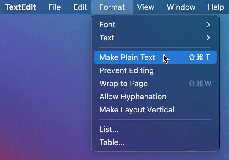 selecting Make Plain Text from the Format drop-down menu