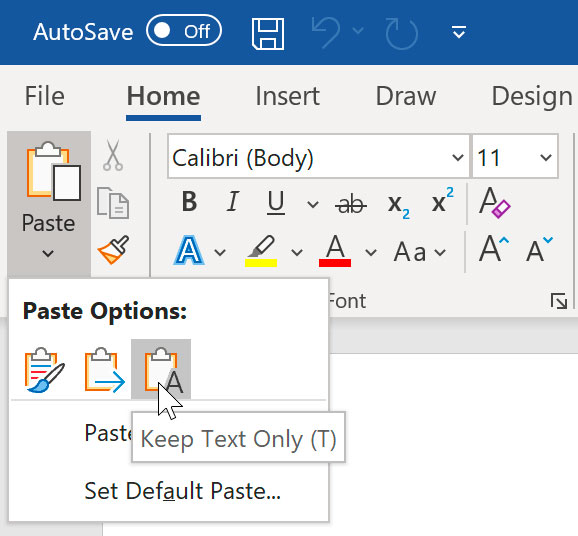 viewing Paste Options in Word