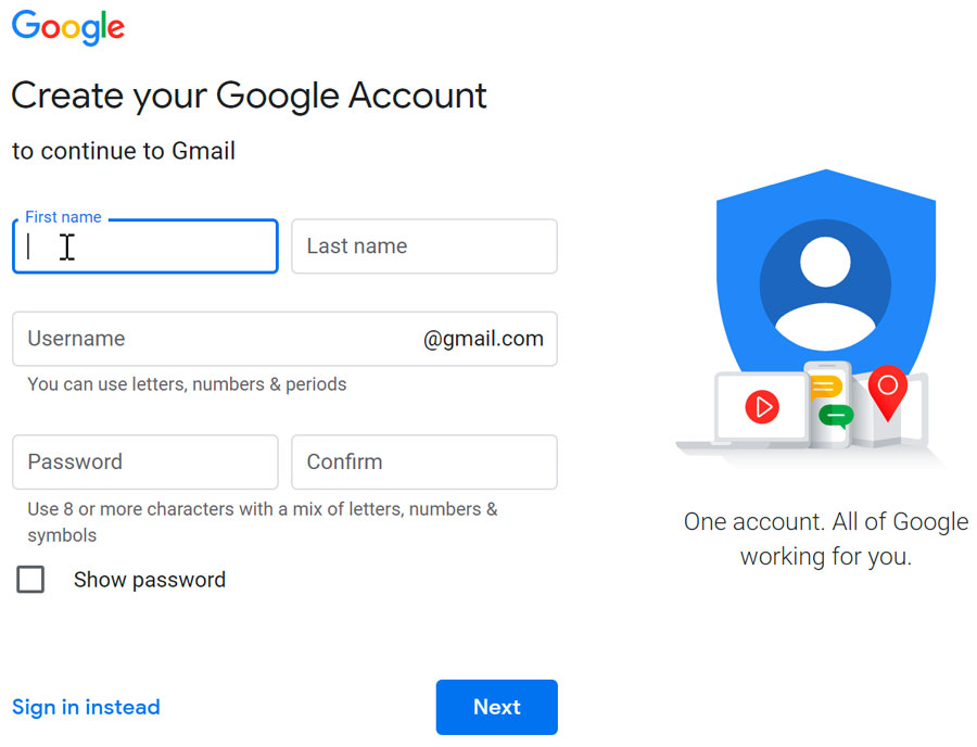 creating a Google Account form