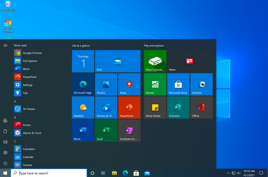 the Start menu in Windows 10