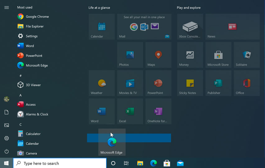 moving a tile on the Start menu