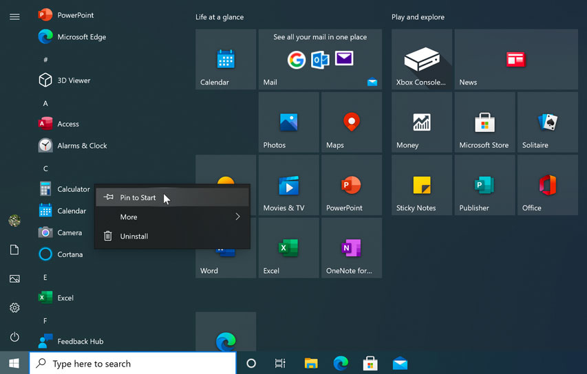 pinning the Calculate app to the Start menu