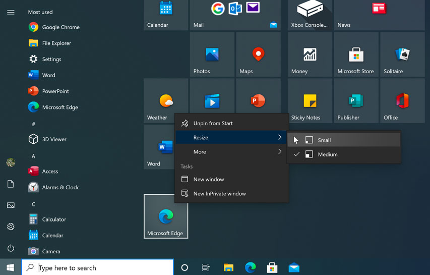 resizing a tile on the Start Menu