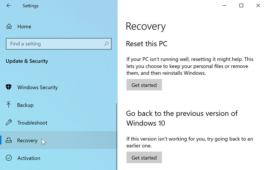 recovery options in Windows 10