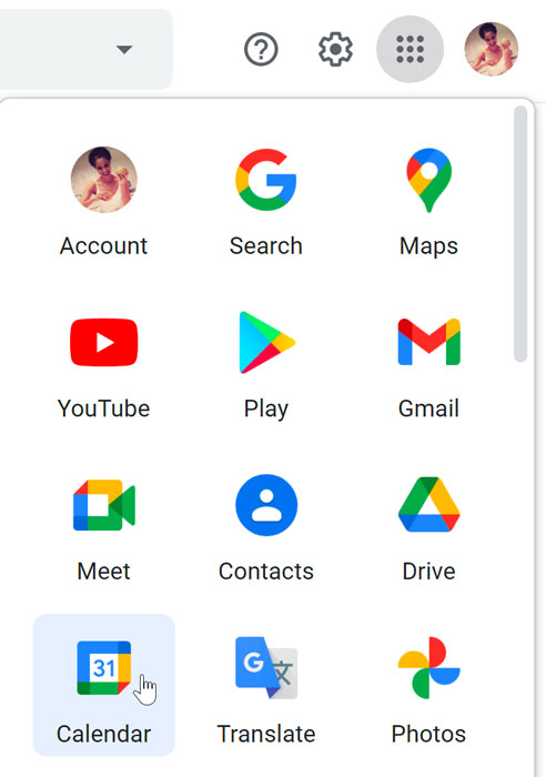 Кнопка календаря Google в меню Google Apps