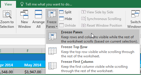 Rows Freeze menu dropdown