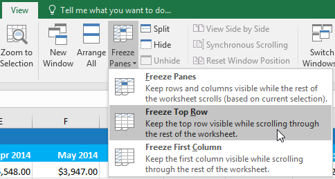 Excel 2016 Freezing Panes and View Options