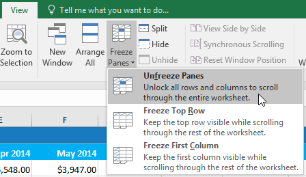 Excel 2016 Freezing Panes and View Options