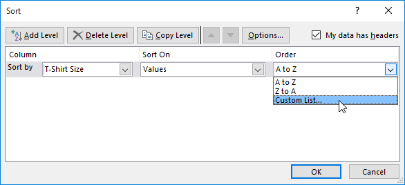 Kotak dialog Sort