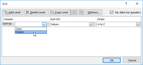 Kotak dialog Sort