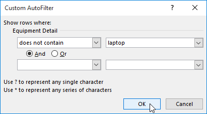 The custom filter dialog box