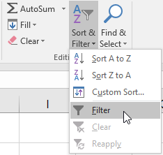 Filter menu pada tab Home