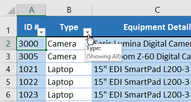 Dropdown arrows in the header row