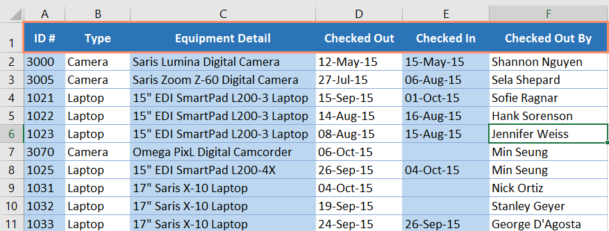 Header baris dalam spreadsheet