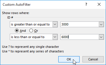 Okno dialogowe filtru liczb