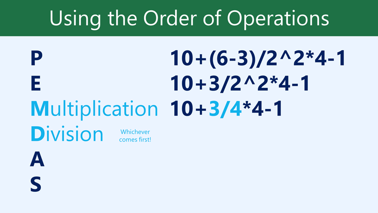 MD Multiplication division, mana yang lebih dulu: 10 + 3/4 * 4-1