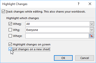Buat daftar perubahan pada lembar kerja baru dan klik OK