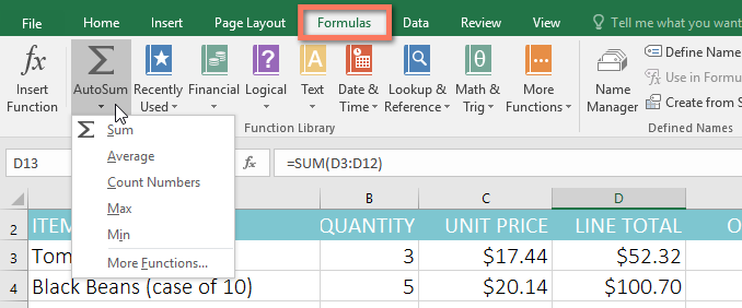 AutoSum command on Formulas tab