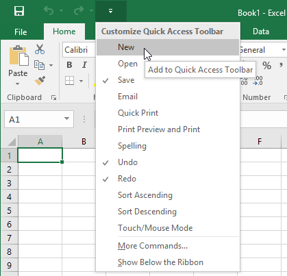 The Customize Quick Access Toolbar menu
