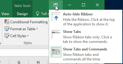 The Ribbon Display Options menu