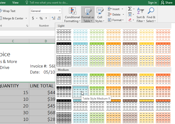 How to format using 2025 the table style in excel