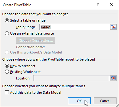 مربع حوار PivotTable