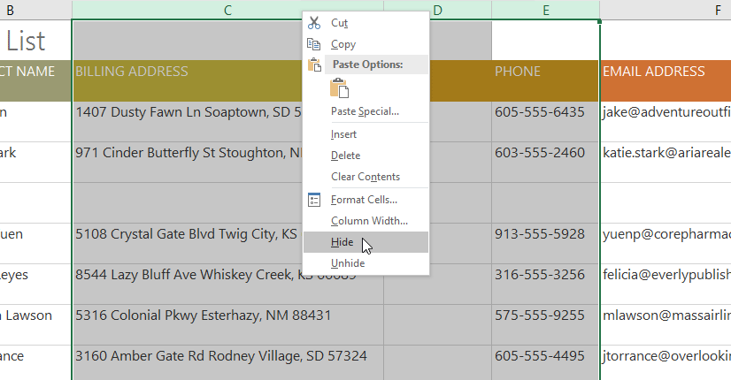 selecting the hide columns command