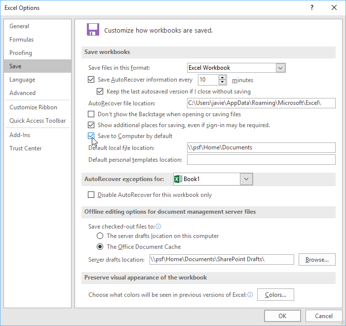 default folder for saving in excel for mac