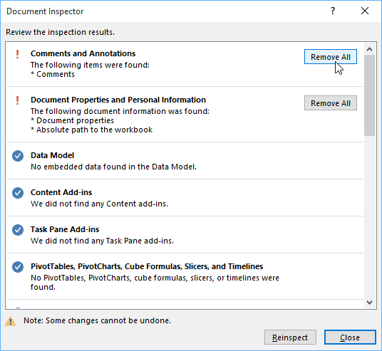 where is the document inspector in excel 2016