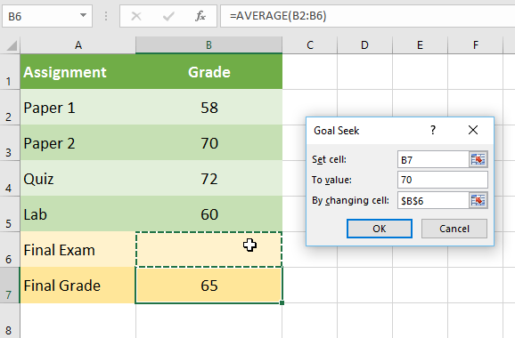 mengatur parameter pada kotak dialog goal seek