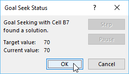 hasil yang sukses kotak dialog goal seek