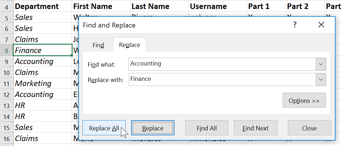 using the find and replace feature