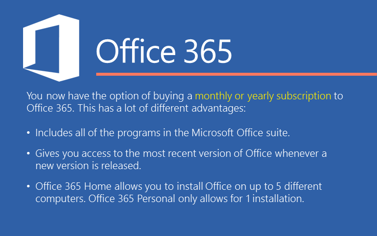 Anda sekarang memiliki pilihan untuk membeli langganan bulanan atau tahunan untuk Office 365.Hal ini memiliki banyak keuntungan yang berbeda: Termasuk semua program dalam Microsoft Office suite.Memberikan Anda akses ke versi terbaru dari Office setiap kali versi baru dirilis.Office 365 Home memungkinkan Anda untuk menginstal Office pada hingga 5 komputer yang berbeda.Office 365 Personal hanya memungkinkan untuk 1 instalasi.