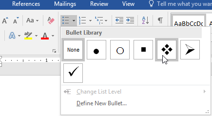 microsoft word spacing between words bullets