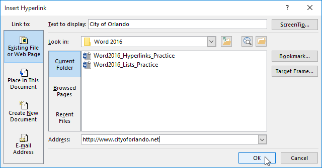 how to create a hyperlink in word 2010