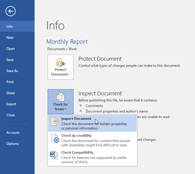 change document properties word 2016