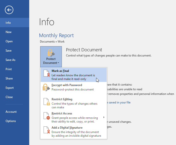 document info panel word 2016