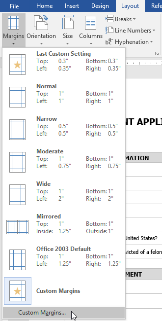 Memilih Custom Margin ...