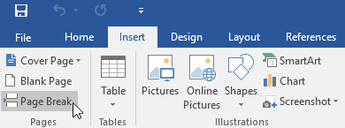 memilih perintah Page Break pada tab Insert